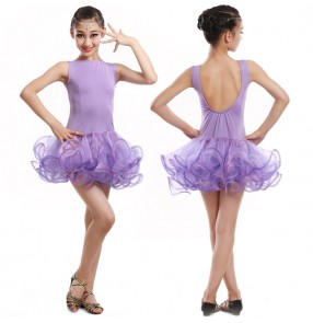 Light Purple violet backless tank sleeveless girls kids children performance competition swing ruffles skirts school play latin salsa cha cha dance dresses